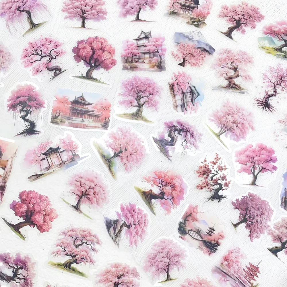 50pcs Watercolor Peach Tree PET Stickers Decals For Phone Refrigerator Guitar Wall Notebook DIY Aesthetic Waterproof Stickers