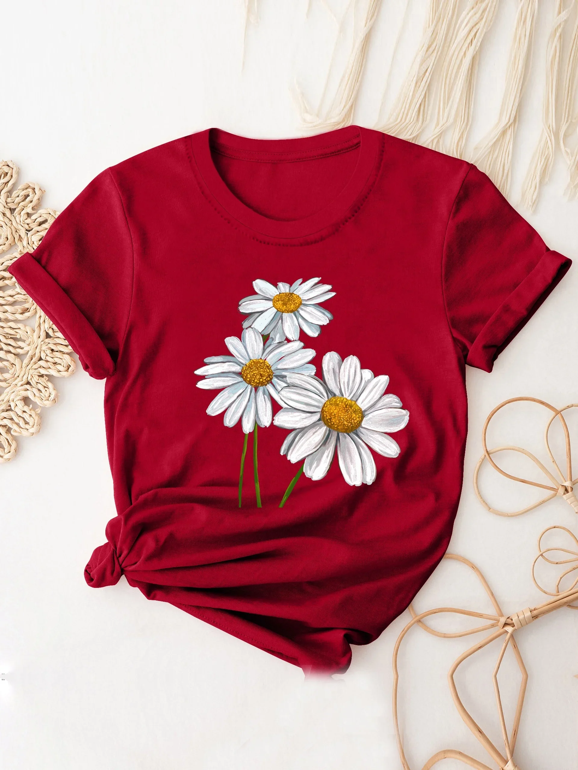 Cute Daisy Print T-Shirt Short Sleeve Crew Neck Casual Top for All Season Women's Clothing Streetwear Funny Hip Hop Leisure Tees