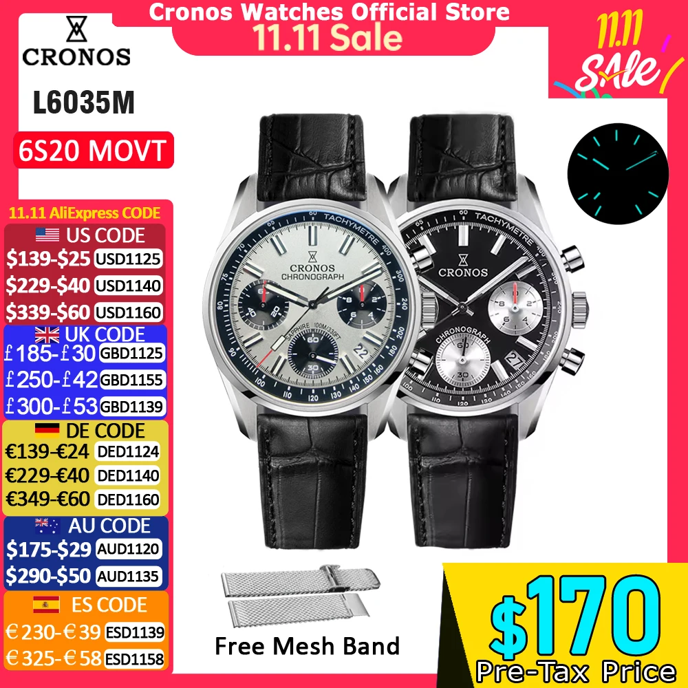 Cronos Chronograph Quartz Men Watch Miyota 6S20 Black&White Panda Dial Sapphire 10 ATM Tachymetre Leather Strap L6035M