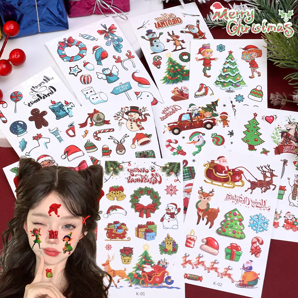 Desenhos animados de Natal adesivos decorativos, Maquiagem Facial Tattoo Adesivos, Vestido bonito, Brinquedo criativo para crianças