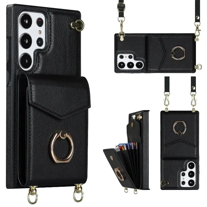 Ring Stand Card Holder Crossbody Case For Samsung Galaxy S21 S20 S23 FE S24 S22 Plus Note 20 Ultra A55 A53 A15 5G Leather Cover