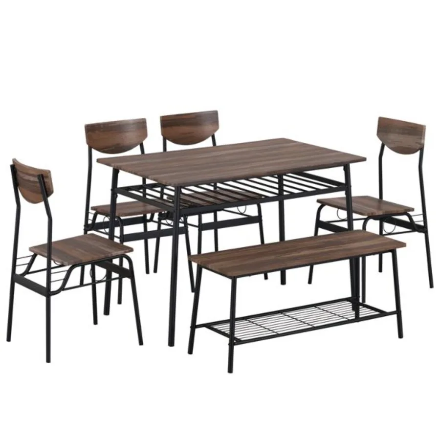 

6Piece Modern Dining Set for Home Kitchen Dining Room with Storage Racks Rectangular Table Bench 4 Chairs Steel Frame Natural C