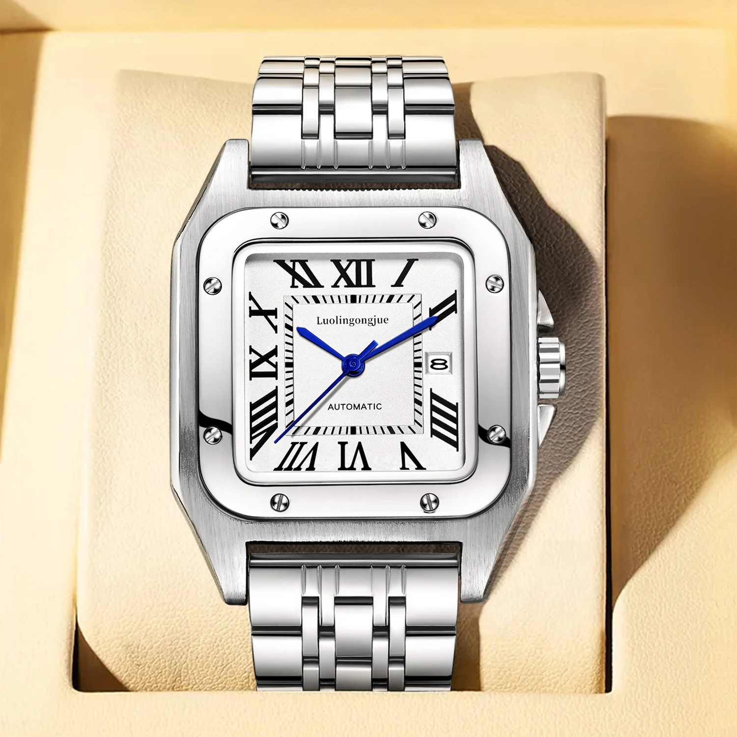 Top Luxury Men's Automatic Mechanical Watch, Skeleton Design, Butterfly Clasp Stainless Steel Strap, High-End Luxury Small Square Men's Watch, Stylish Business Casual Versatile Trendy Men's Wristwatch, the Best Gift fo