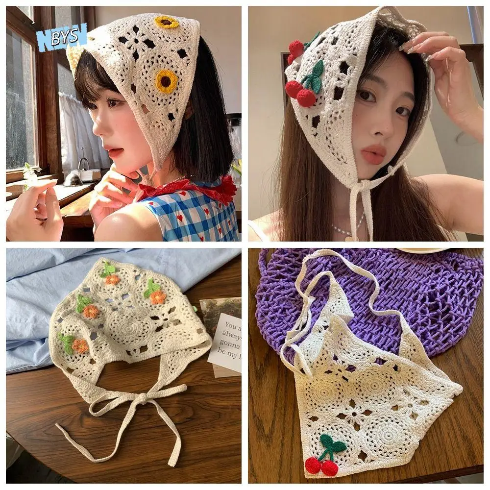 

Cute Sweet Floral Knitted Headband Flower Cherry Ethnic Style Turban Pastoral Hollow Out Crochet Bandana Beach Headwear