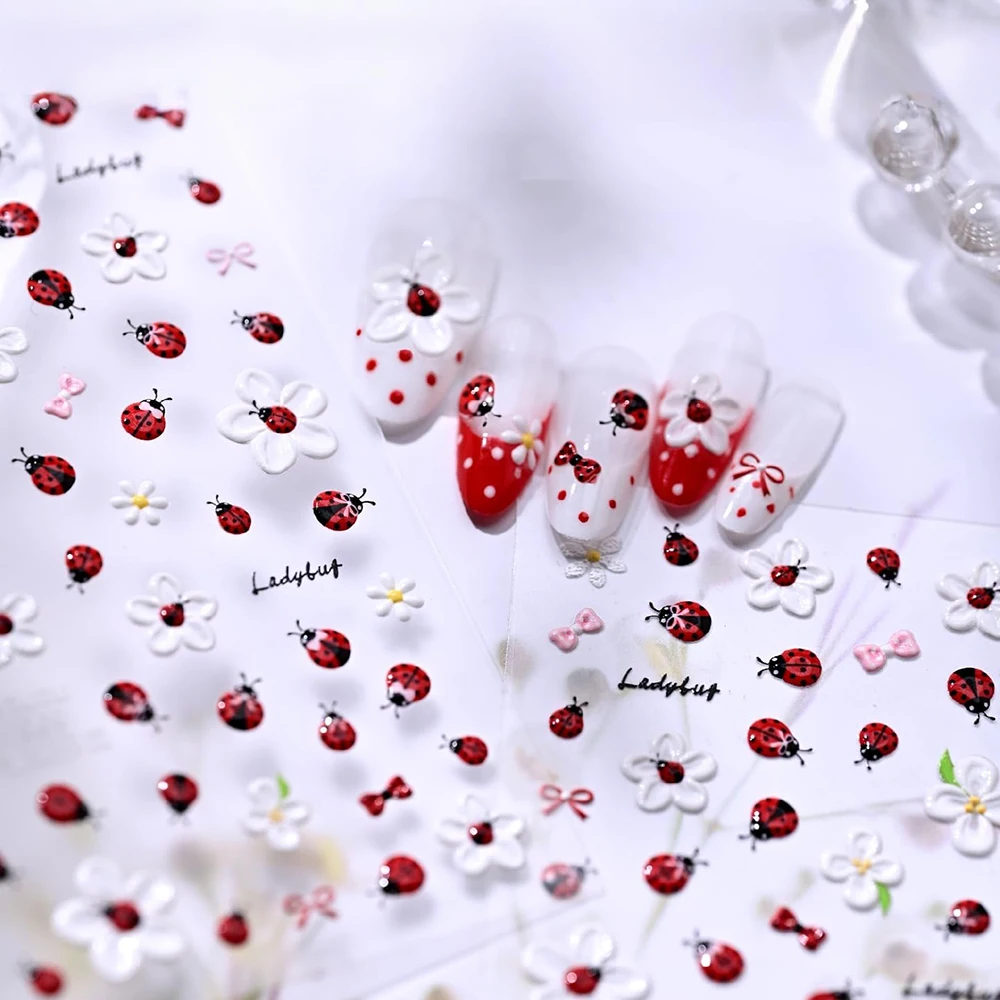 

5D relief ladybug flower nail sticker summer flower nail decal waterproof DIY nail supplies cute cartoon nail accessories