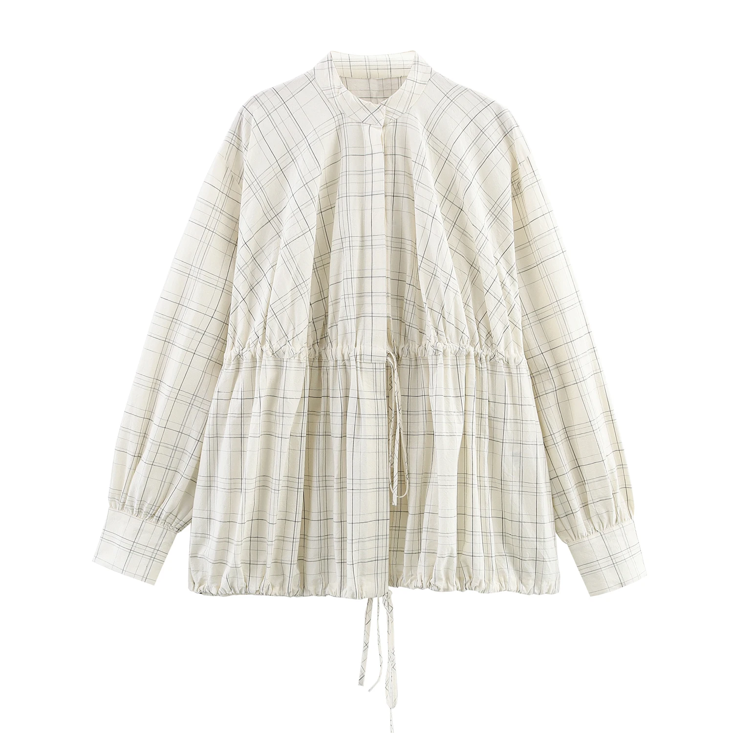 

Topenomi Casual Plaid Long Sleeve Shirt Women 2025 New Stand Collar Drawstring Waist Loose Lady Tops Fashion Versatile Blouse