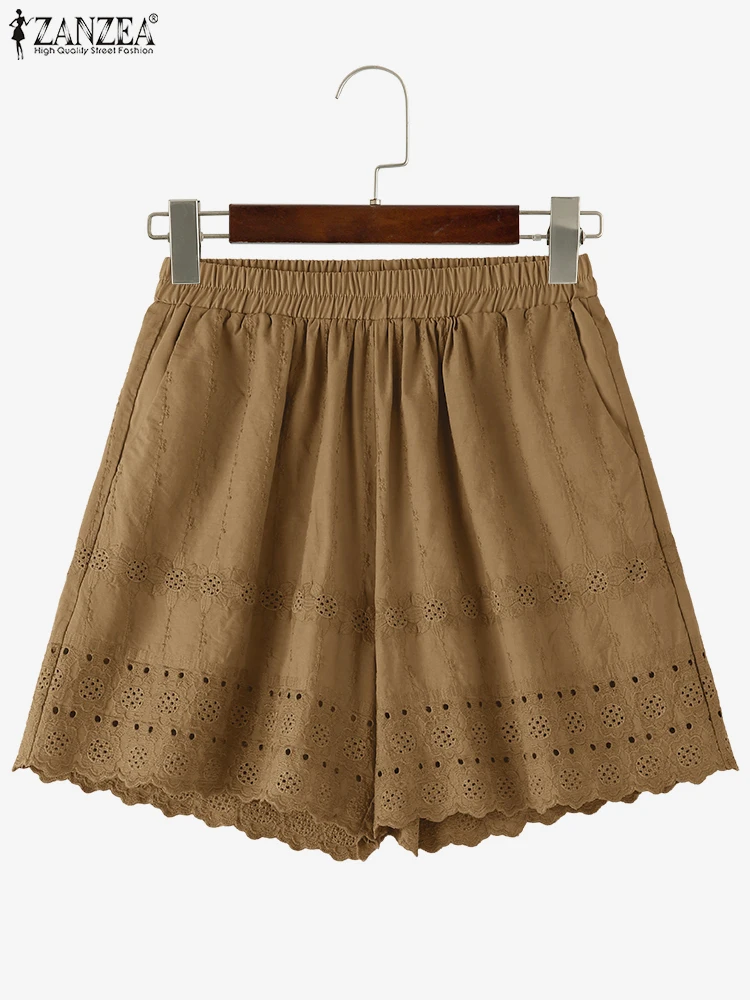 

Женские повседневные свободные кружевные шорты, хлопковые однотонные штаны ZANZEA, лето 2021, короткие брюки с эластичной резинкой на талии и карманами, большие размеры