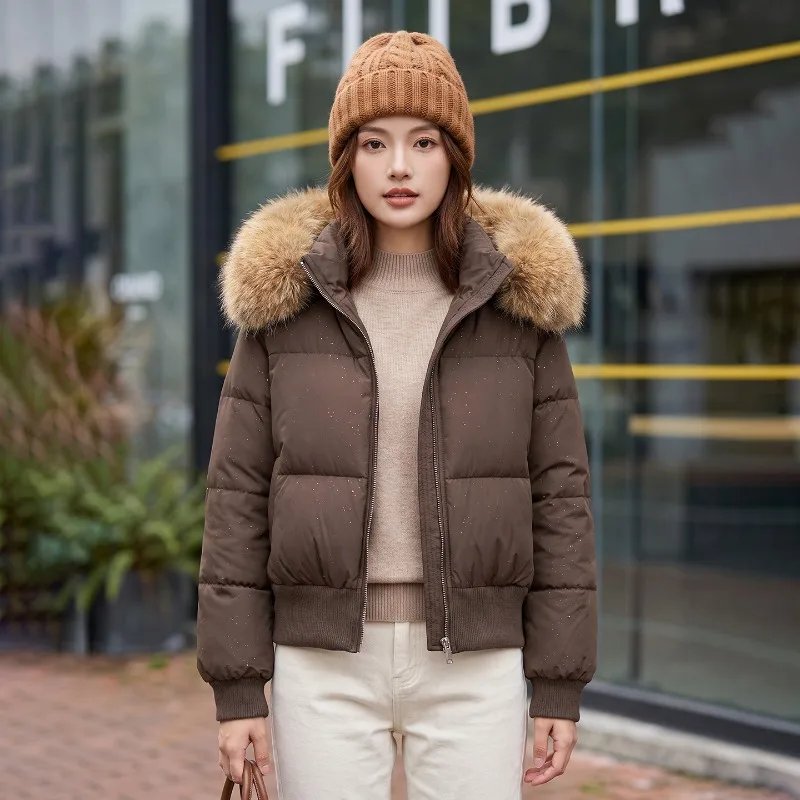 Women's Thick Down Jacket Faux Fur Hood Short Puffer Coat Winter New Warm Windproof Cropped Quilted Parka Casual Outerwear