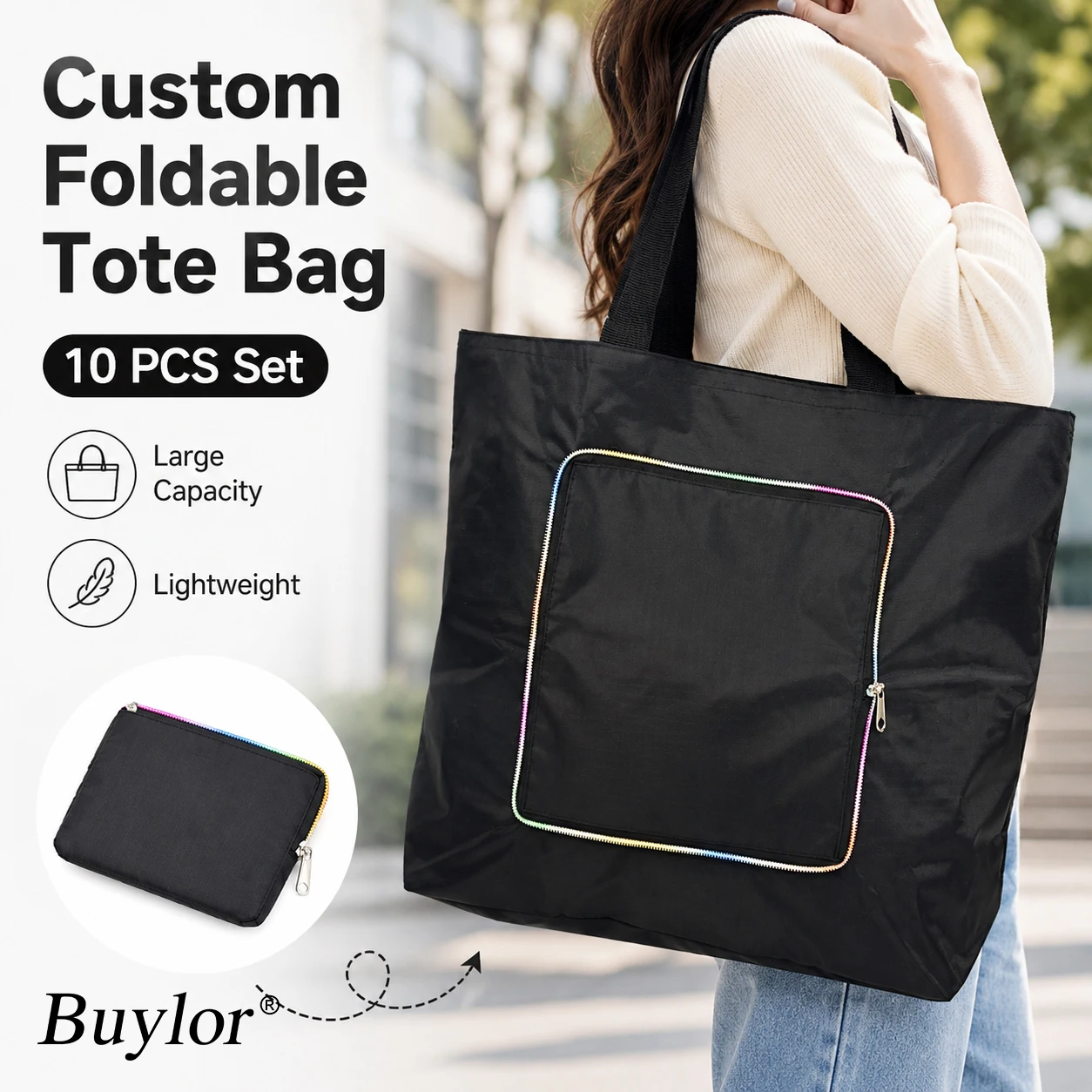 Buylor 10PCS Lightweight Foldable Shopping Bag Large Capacity Custom Text Tote With Front Zipper Pocket For Travel Daily Use