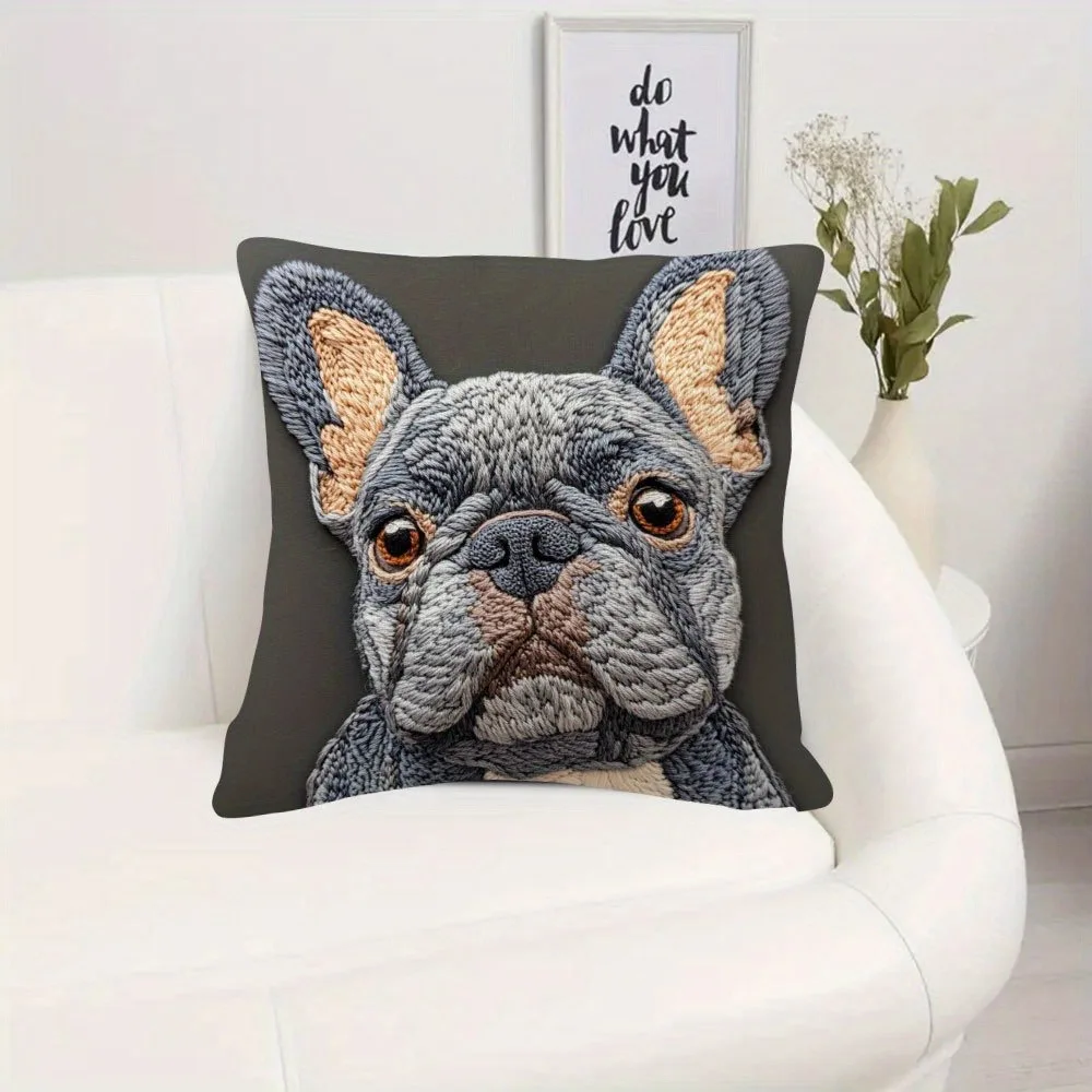 French Bulldog 2D Flat-Printed Pillow Cover: Non-Real Embroidery Magic! Sofa Cushion Cover, Home Decoration, 2D Printing