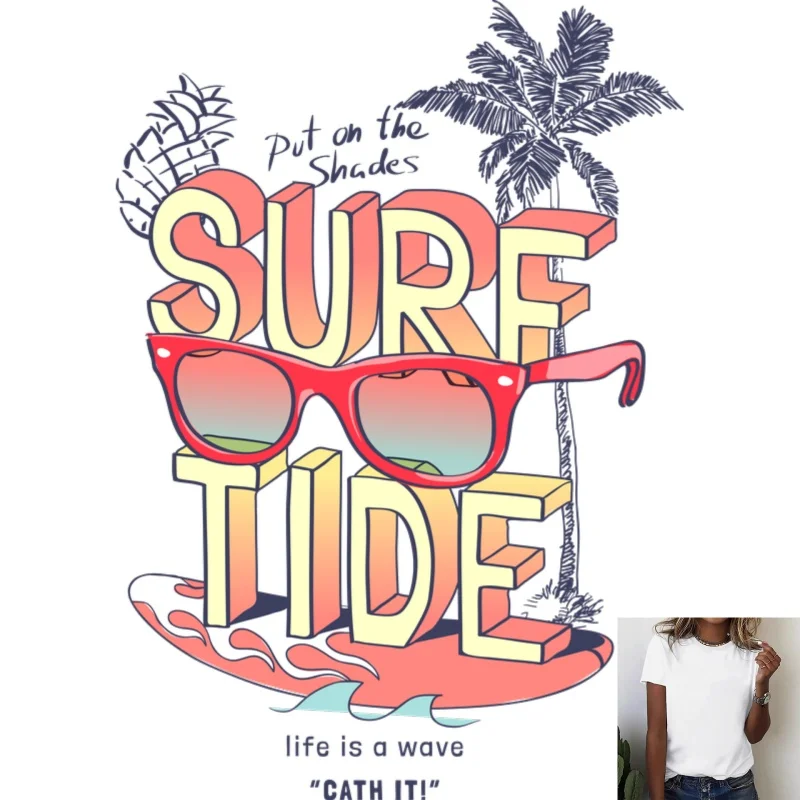 Summer Surf Style 'SURF TIDE' Sunglasses & Coconut Tree Heat Transfer White Ink Iron - on Patch, Suitable for T - shirts/Canvas
