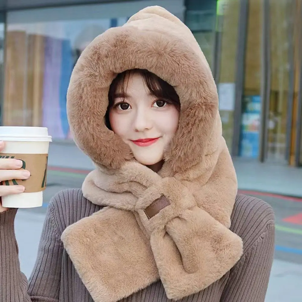 Winter Windproof Integrated Cap Scarf Warm Beanie Hat Scarf Thickening Soft Neck Warmer for Women