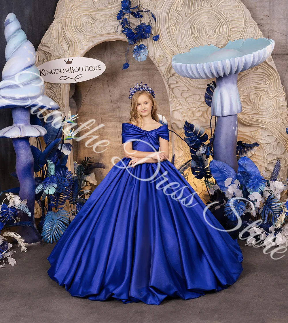 Royal Blue Flower Girl Dress For Wedding Satin Puffy Beading Princess Customized Child First Eucharistic Birthday Party Dress