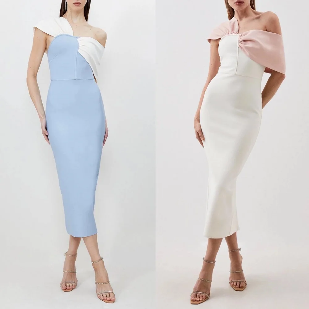 

Simple Jersey Pleat Column Off-the-shoulder Midi Dresses Prom Dresses Sizes Available High Quality Chinese Style Exquisite Sexy