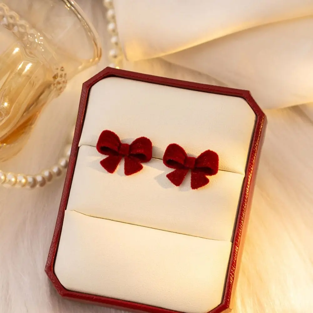 Zinc alloy Burgundy Flocking Bow Earrings Flocking Jewelry Bow Dangle Earrings Red Long Tassel Chain New Year Gift