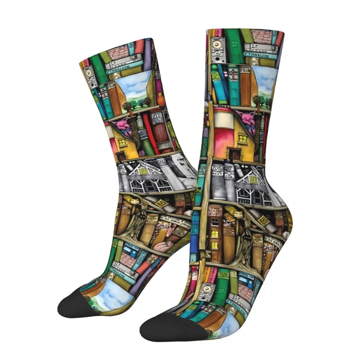 Fantastic Library Stockings Colorful Book Print Elegant Socks Autumn Anti-Slip Socks Unisex Running Soft Breathable Socks