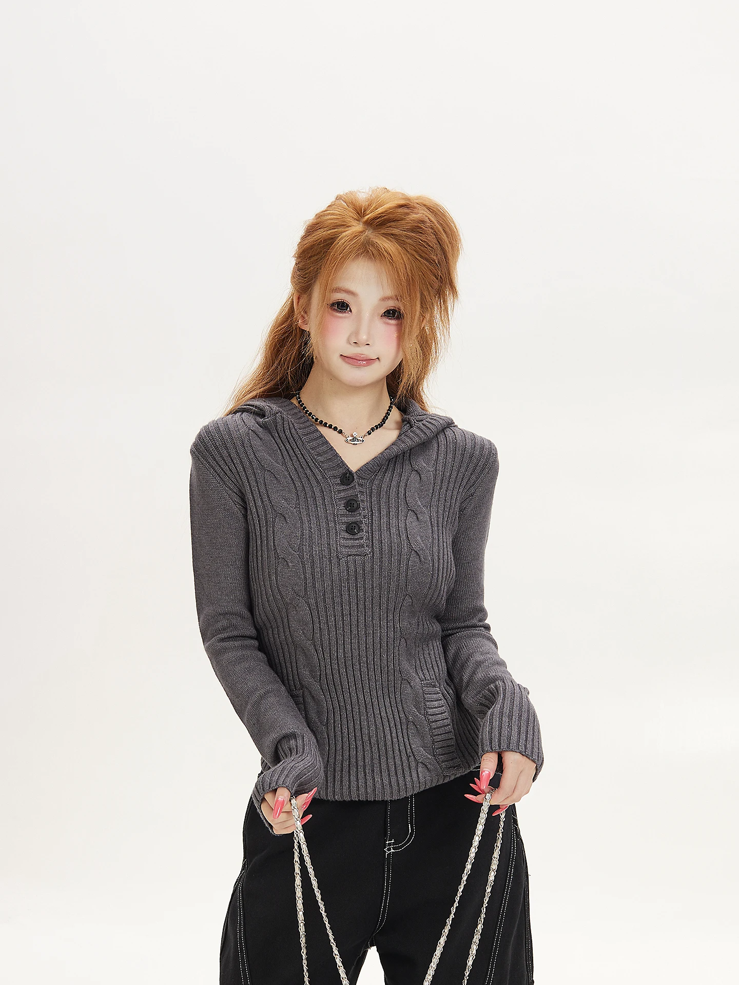 American Retro Ant Knitted Sweater Women's Autumn Hot Girl Design Slimming Twist Long Sleeve Hoodie Polyester Fiber Casual Wear