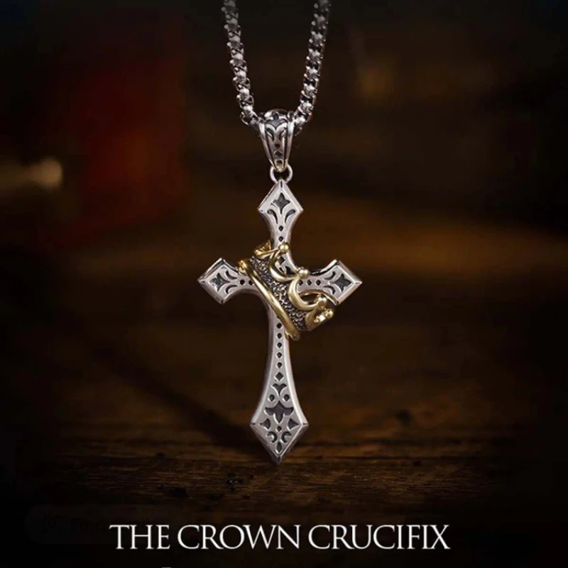 

Crown Cross Necklaces for Men Fashion Simple Retro Hip Hop Thai Silver Pendant Sweater Chain Punk Goth Jewelry Accessories Gift