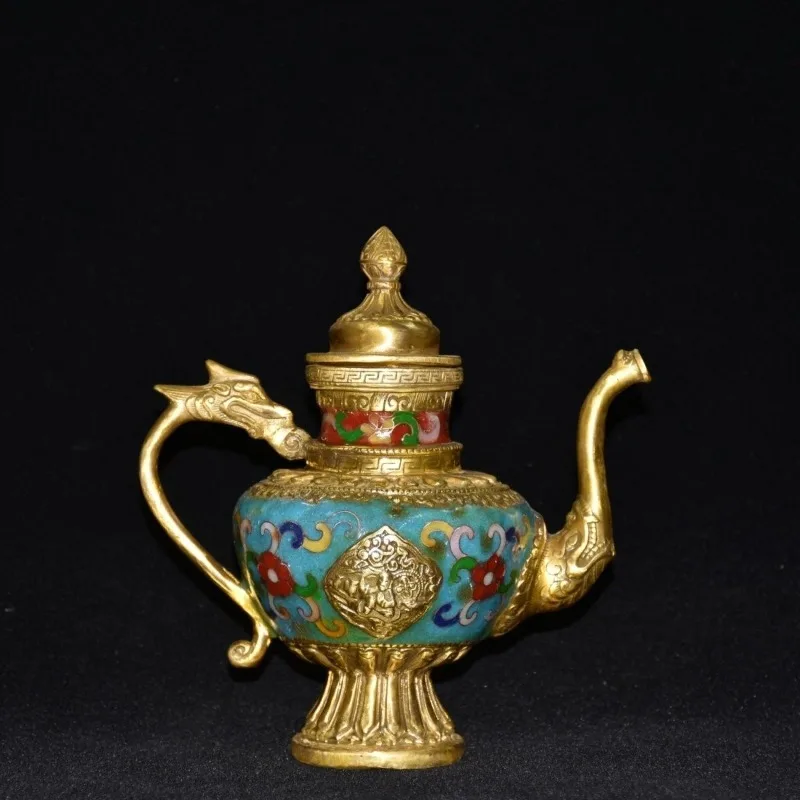 Antique Gilt Cloisonne Wine Pot Dragon Handle Tibetan Teapot Enamel Floral Embossed Ornament Home Decoration Accessories