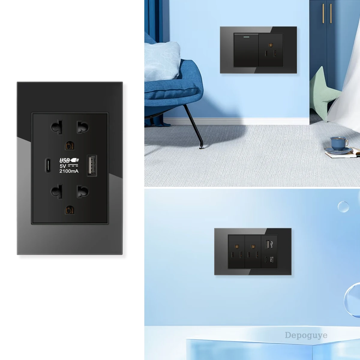 US Standard Black Tempered Glass Type-c Quick Charger Wall Socket Electrical Light Switch,American Thai Dual USB Power Outlet image 6