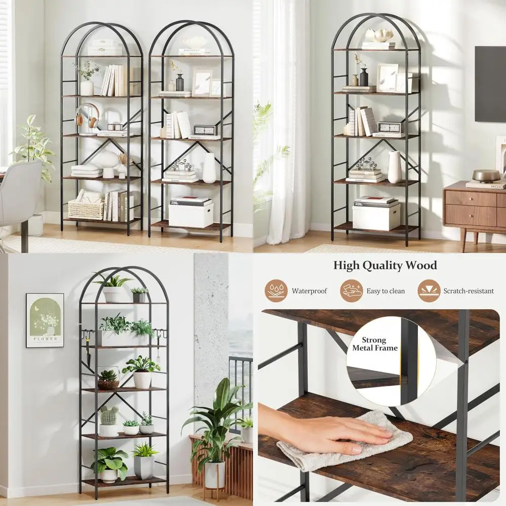 

Arched 5-Tier Bookshelf, 66.14 Tall, 4-Hook Storage, Display Stand for Home, Office, Black/Brown