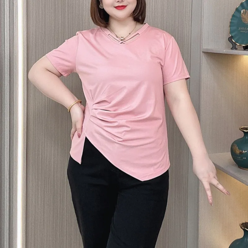 

Summer New Short Sleeve T-shirt Women 2024 Plus Size Design V-neck Hollow Fold Casual Slim Tops