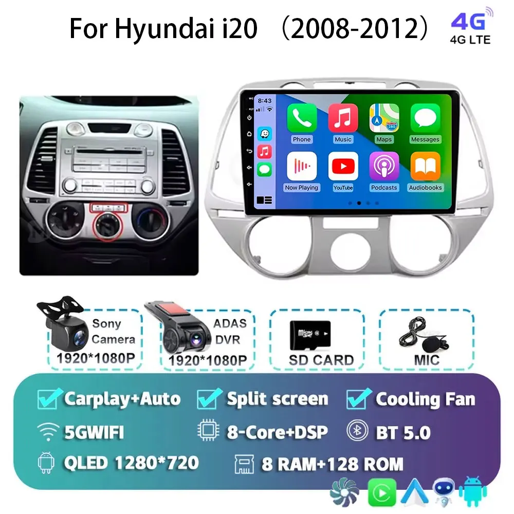 Android 15 Carplay Voor Hyundai i20 2008 2009 2010 2011 2012 Autoradio Stereo Multimedia Video Player WIFI Touchscreen