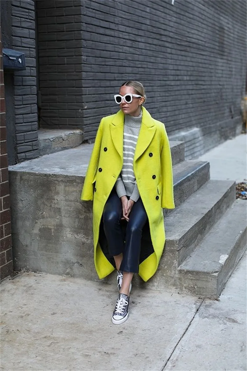 Yellow Wool Long Overcoat Women Suits Blazer Loose Custom Made Winter Outfit Cashmere Thick Streetwear Double Breasted Jacket