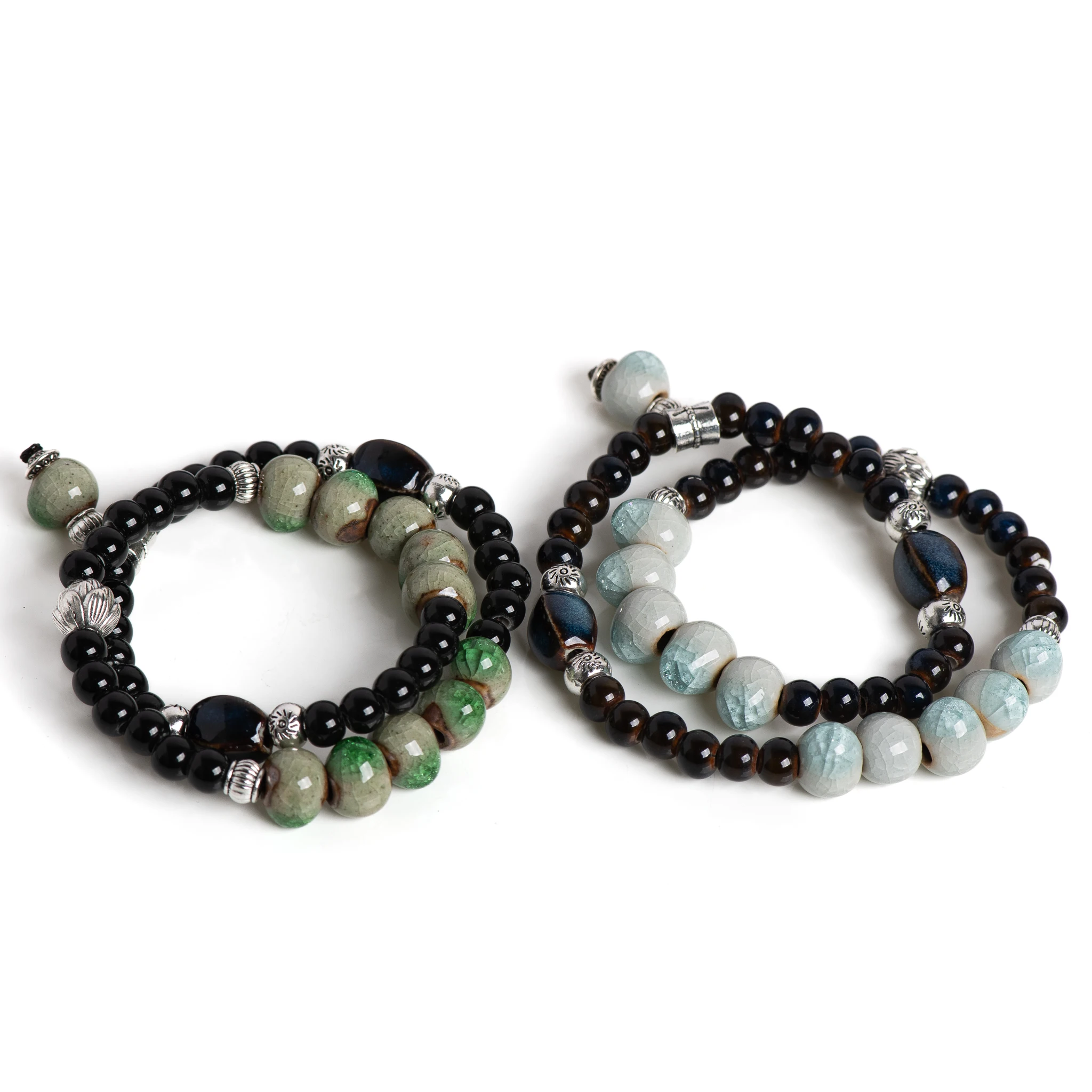 Handmade Double-Layer Ceramic Bracelet Ice Crack Beaded Stretchable Jewelry Unisex Vintage Style