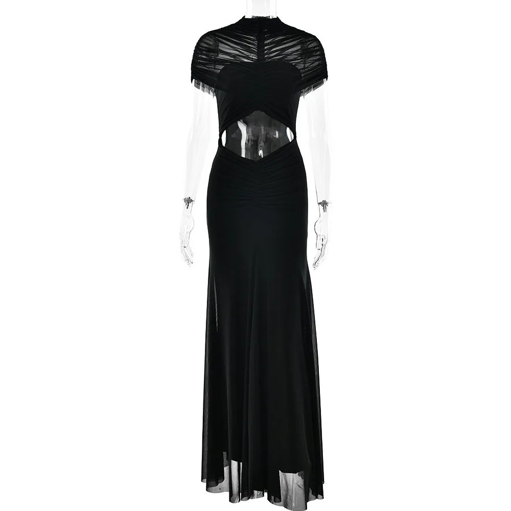 New Ruched Irregular Mesh Dress Women Patchwork High Neck Short Sleeve Hollow Out Long Dresses Female Party Maxi Dresses Outfits - Image 6