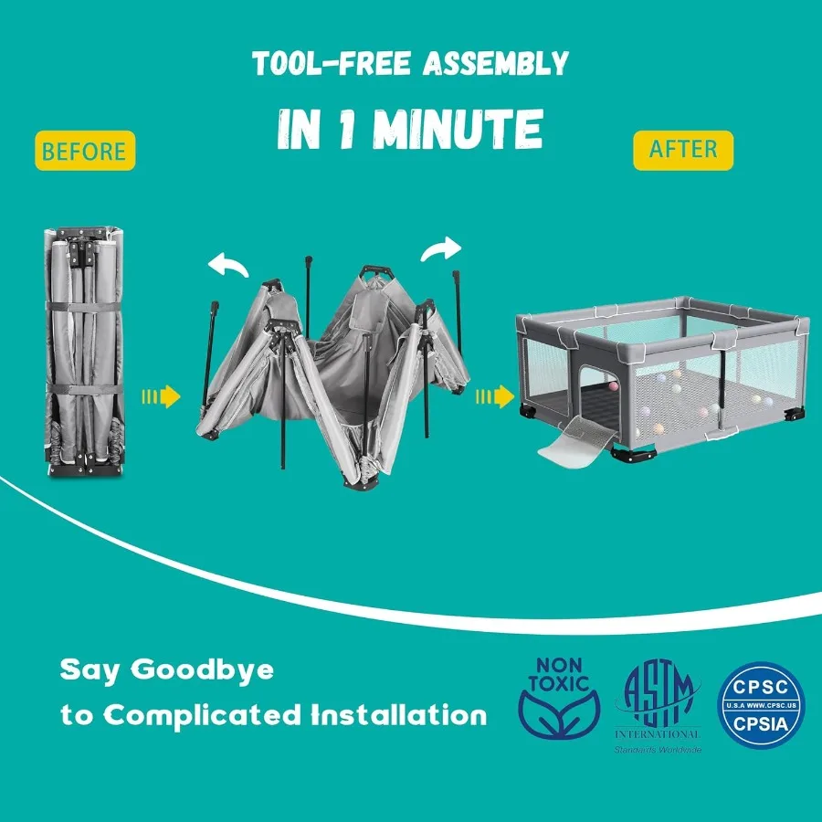 روضة أطفال قابلة للطي للأطفال الصغار مقاس 71 × 59 بوصة روضة أطفال محمولة مع قلم لعب قابل للطي مع مقودين داخلي أ