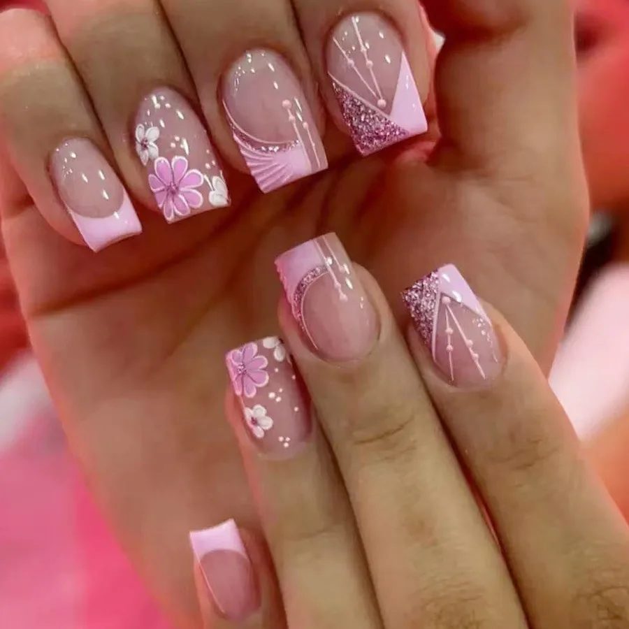 

24ps Cheap Flower False Nails with Glue French Realistic Nail Tips with Charms Reusable Sweet Press on Nails for Girls Wholesale