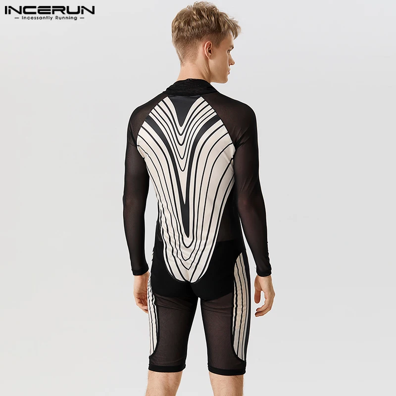 INCERUN 2023 Sexy Homewear New Mens Jumpsuit Abstract Printed See-through Mesh Stitching Long Sleeved Flat Angle Bodysuits S-5XL