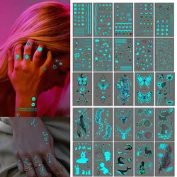 15pcs Blue Luminous Butterfly Waterproof Temporary Tattoo Sticker Wing Feather Deer Flower Ins Style Pattern Fake Tato Women Men