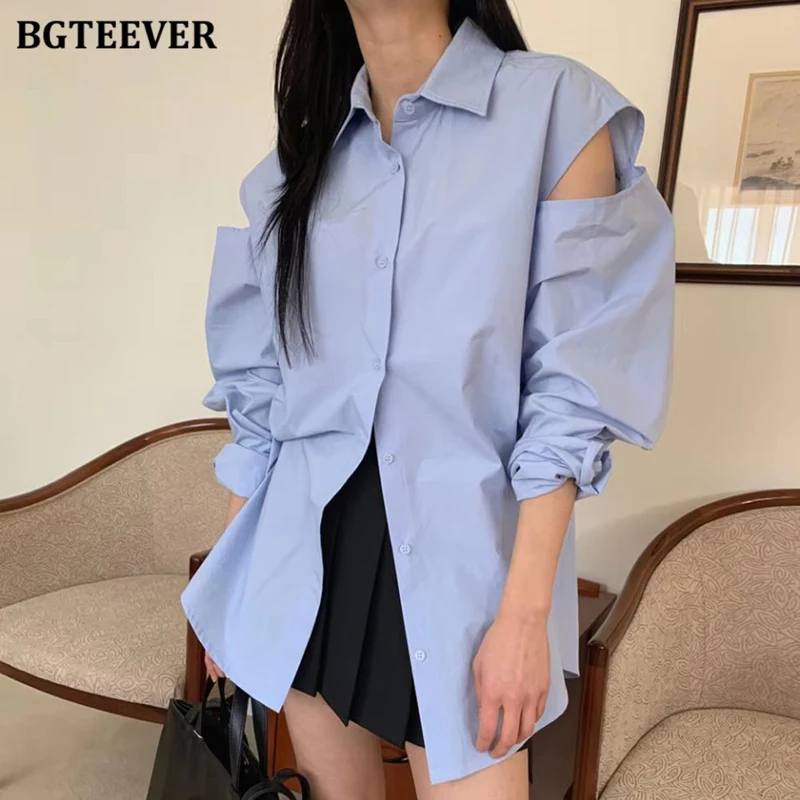 

BGTEEVER Spring Casual Loose Turn-down Collar Single-breasted Female Shirts Tops Long Sleeve Hollow Out Ladies Solid Blouses