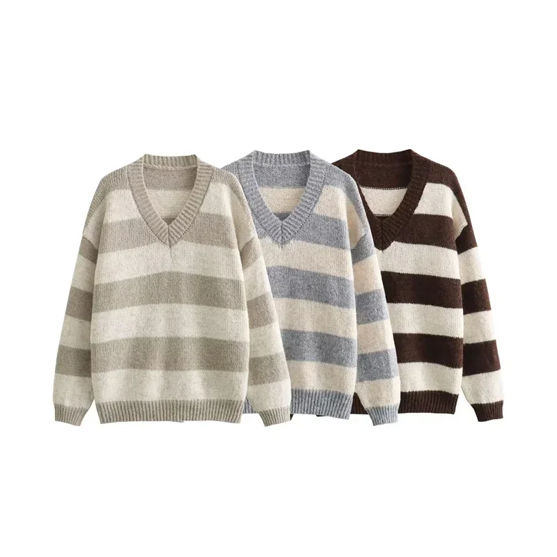 

Fashion Striped Women Pullover Sweater 2024 Winter V-Neck Long Sleeve Knit Tops Ladies Vintage Knitwear Pullovers