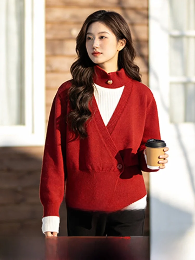 

plus Size Knitted V-Ne Top Faionable Lazy Sle Winter New Arrival Slimming Inner Wear Casual Loose Fit Polyester Fiber