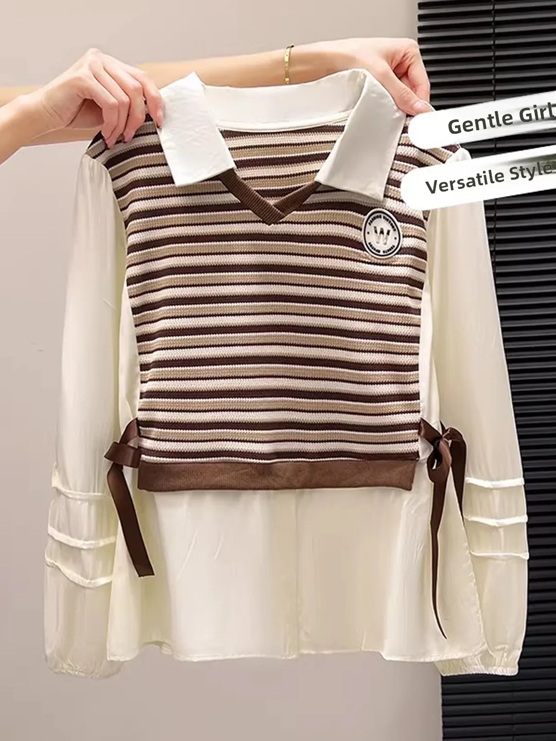 

Женский свободный топ с длинными рукавами, воротником и полосатыми вставками, комплект из двух предметов, повседневная модная верхняя одежда для офиса