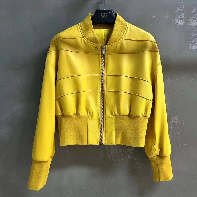 Women Coat Spring 2023 New Arrival Genuine Soft Leather Jacket Drop-Shoulder Sleeve Spliced Textile Fabric Casual Style