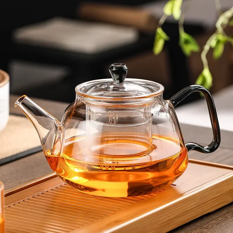 Glass teapot High borosilicate transparent glass colored handle Household heat-resistant large-capacity tea separation teapot