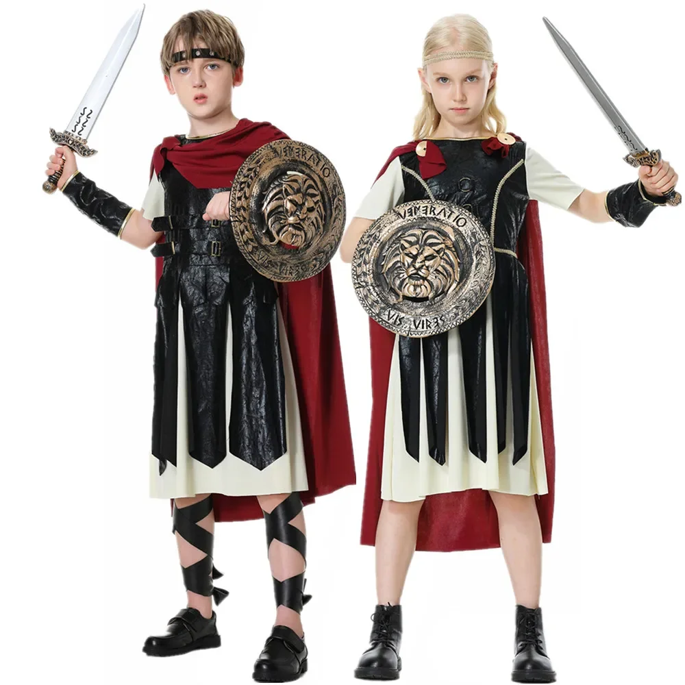 Children Ancient Roman Spartan Warrior Gladiator Costume Knight Soldier Cosplay for Kids Fantasia Purim Halloween Costumes