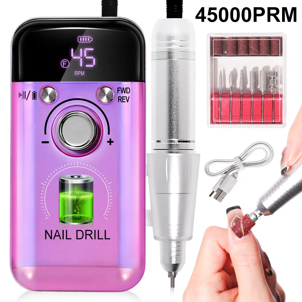 Nail drill, nail sander with 6 drill bits and sanding belt, 45000RPM portable nail drill, USB electric nail drill with LED