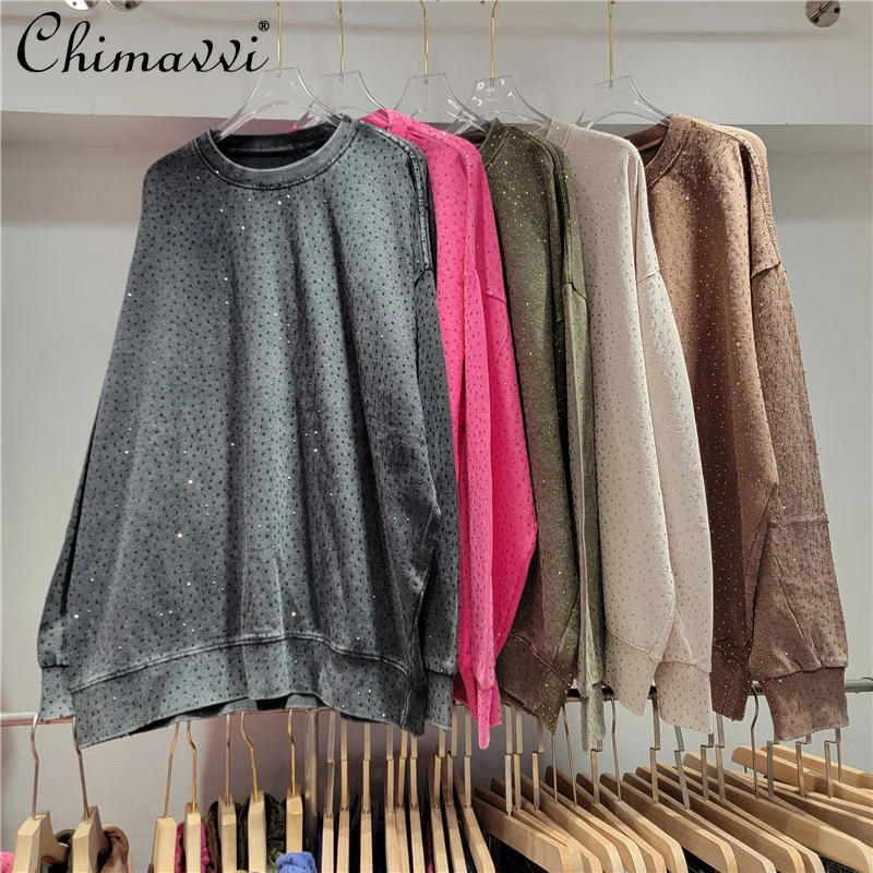 

European Hot Drilling Fashion Round Neck Mid-Length Slimming Sweatshirt Autumn New Loose Long Sleeve Streetwear Hoodie Tops