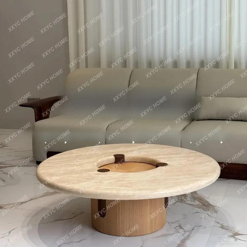 

YDZMedieval solid wood travertine coffee table light luxury living room home villa large round table