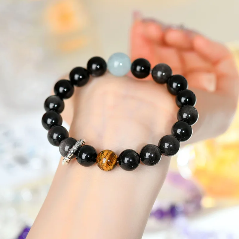 

Natural Silver Obsidian Aquamarine Tiger Eye Stone Classic Women'S Bracelet