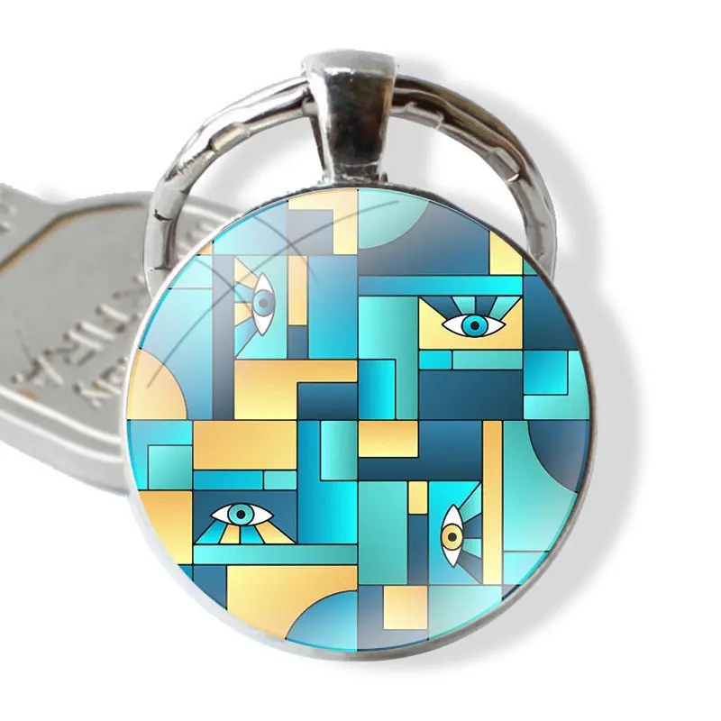 Piet Mondrian Eye Keychain Handmade Glass Cabochon Key Ring Holder Pendant Key Chains