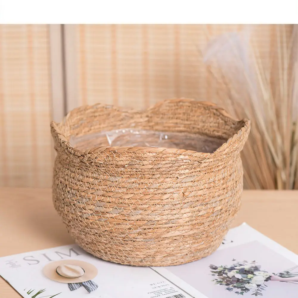 Natural Handwoven Straw Plant Pot Rustic Nordic Storage Basket Decorative Flower Container For Home Office Garden Use
