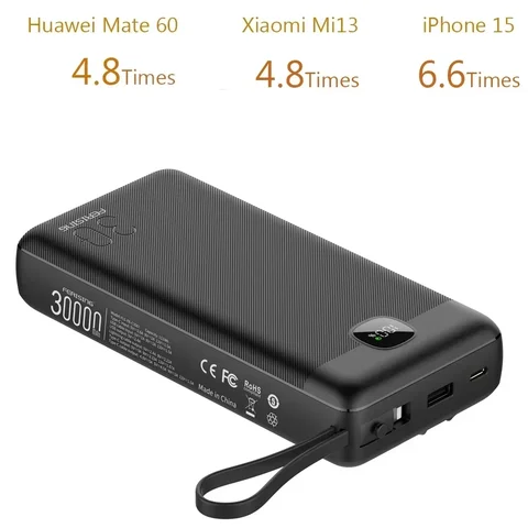 30000 мАч Power Bank VOOC Flash Charge 22,5 Вт, встроенные кабели и ремешок, цифровой дисплей, портативное зарядное устройство для внешнего аккумулятора