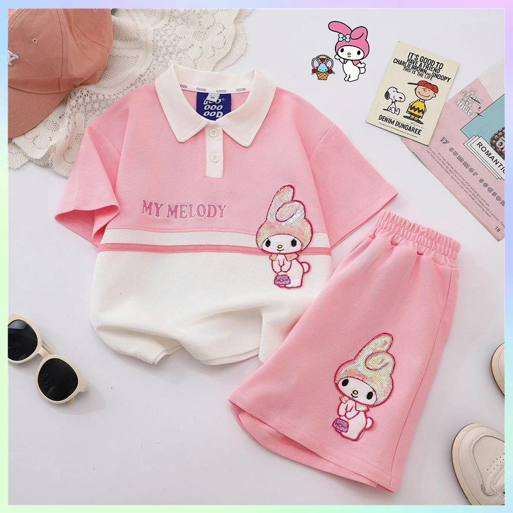 2Pcs Girl's Summer Suit My Melody Anime Sanrios Kawaii Cartoon Fashion Lapel Collar Polo Shirt Shorts Sequin Casual Sports Top