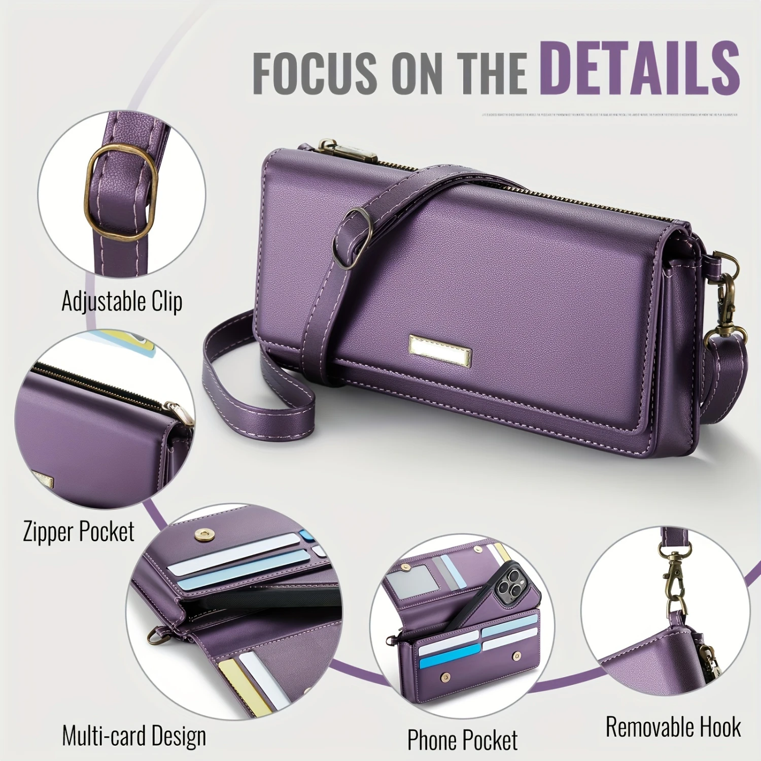 

Secure RFID Blocking Phone Wallet - Stylish Crossbody with Multi Card Slots, Zipper Pocket, Detachable Wristlet & Adjustable Sho